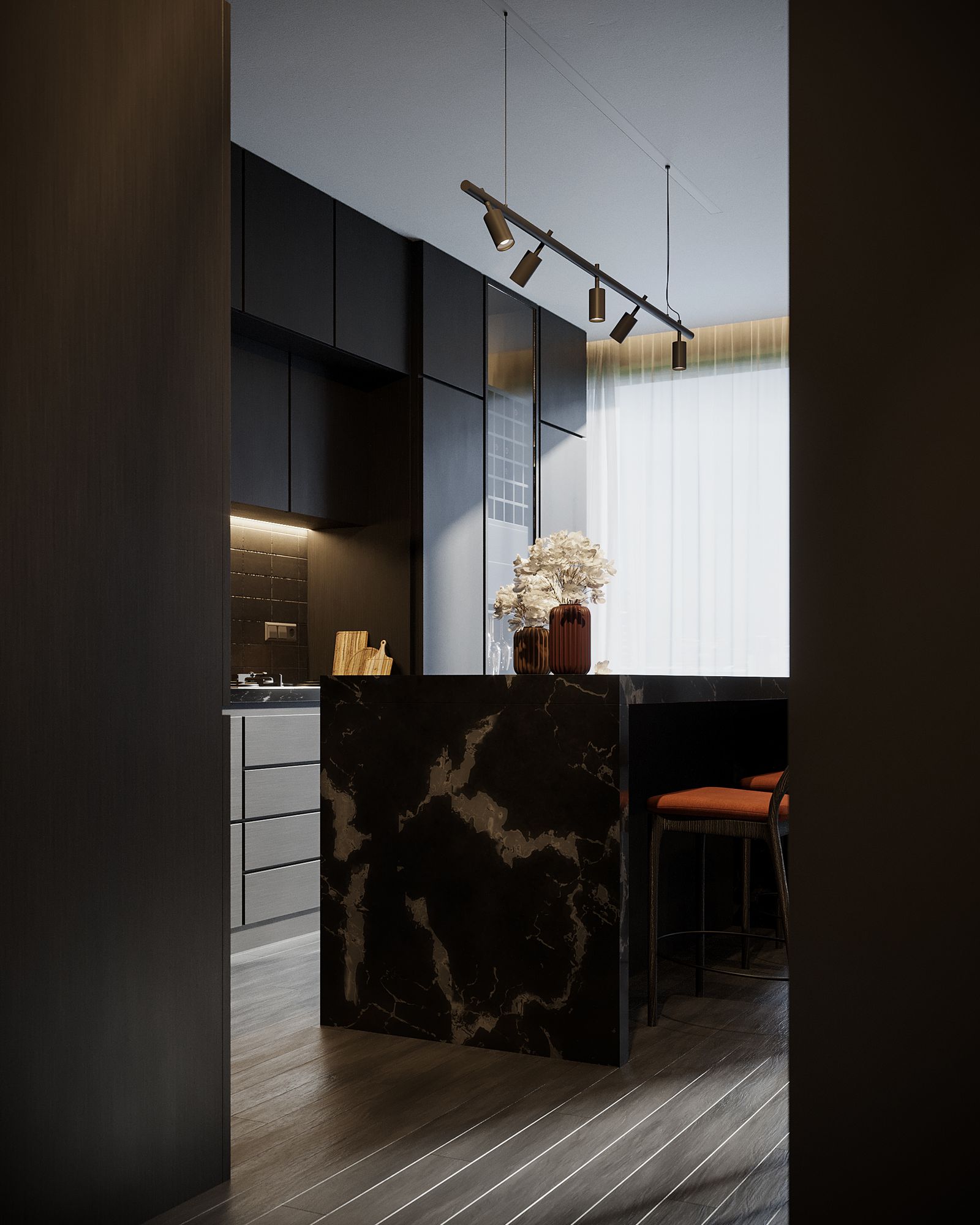 Kitchen set custom dengan pencahayaan hangat di Palembang oleh Gancang Kelar Interior Palembang